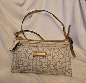 Calvin Klein Cream Logo Shoulder Bag with Tan Trim